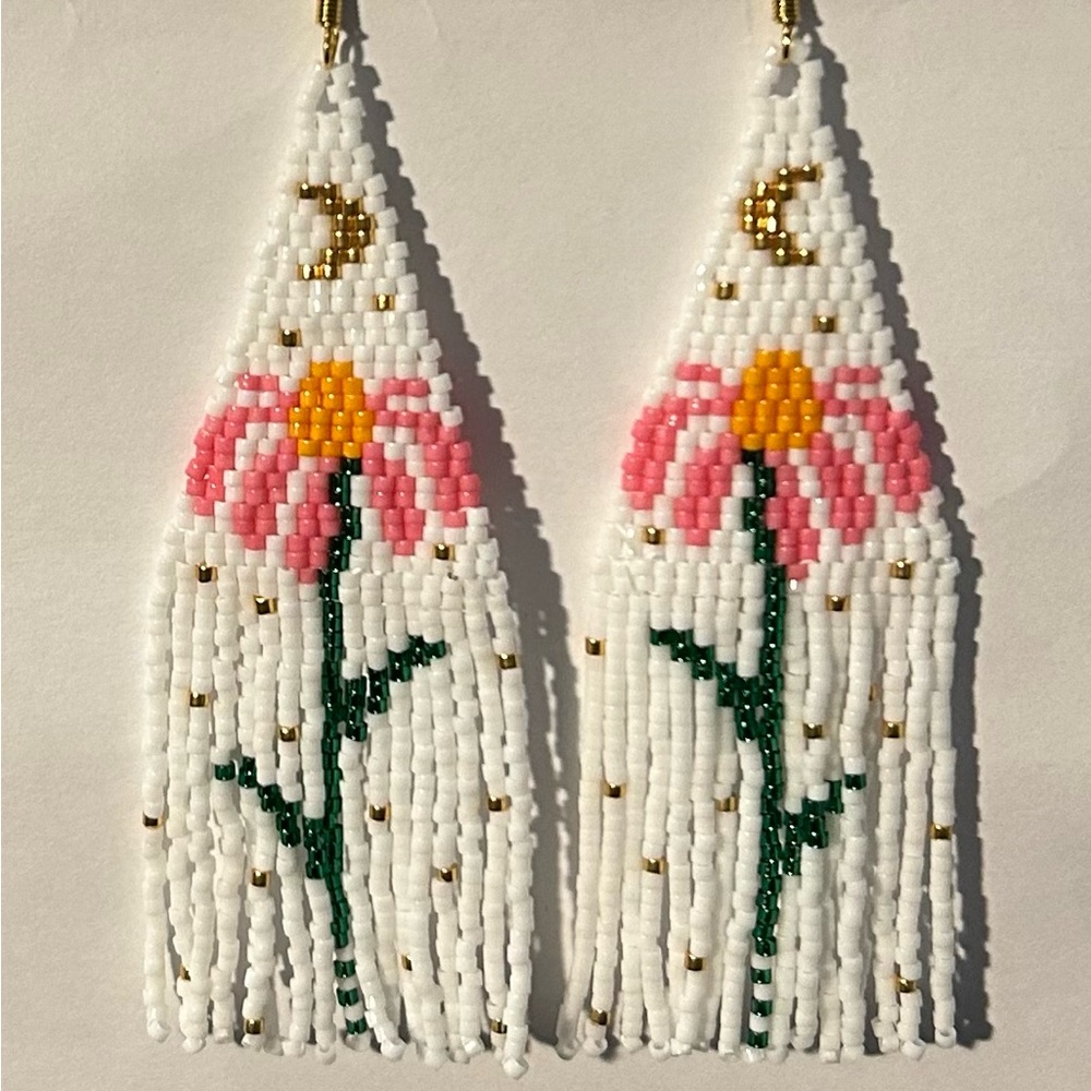 Beaded echinacea flower earrings with fringe